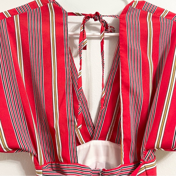 Favlux Fashion Red Striped Deep V Neck Peekaboo Back Tie Around Mini Dress Small - Picture 8 of 9